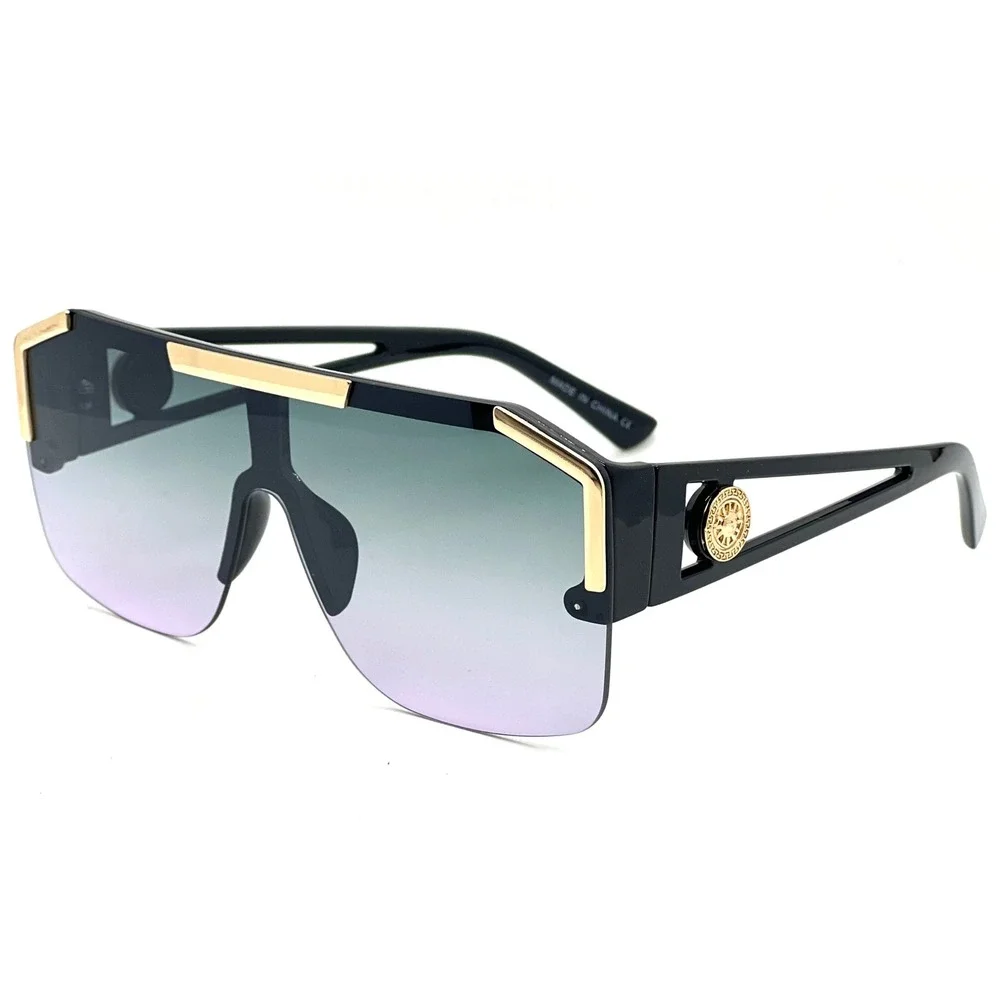 Mens Oversized Shield Sunglasses Black Gold Flat Top Gradient Lens Bold Chic New